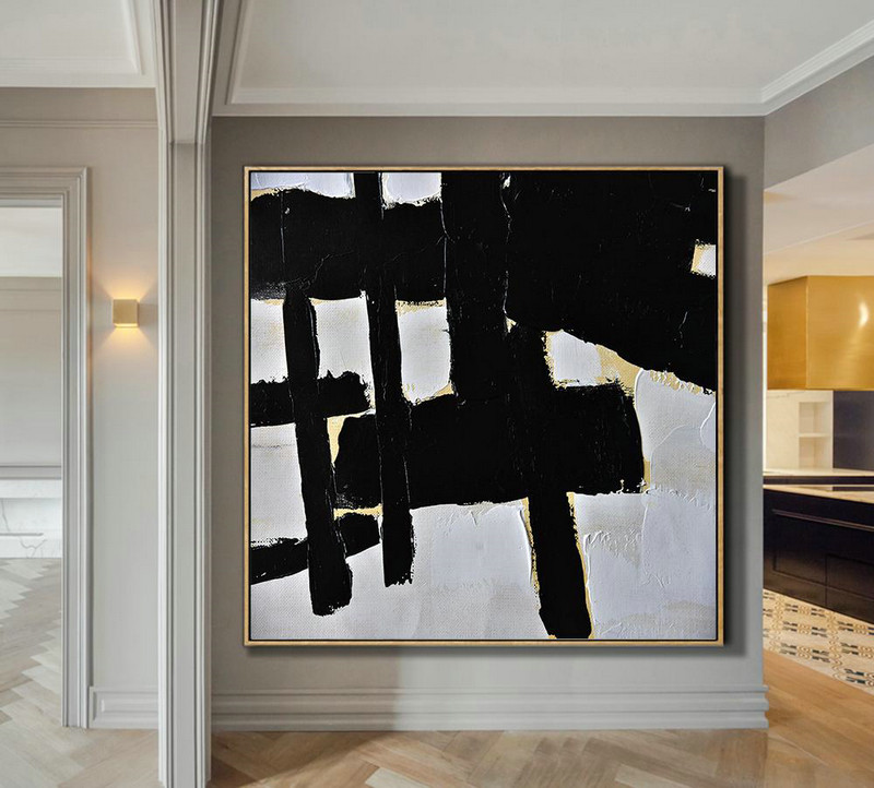 Abstract Painting Extra Large Canvas Art,Handmade Minimal Art Palette Knife Canvas Painting, Black White Beige - Extra Large Artwork